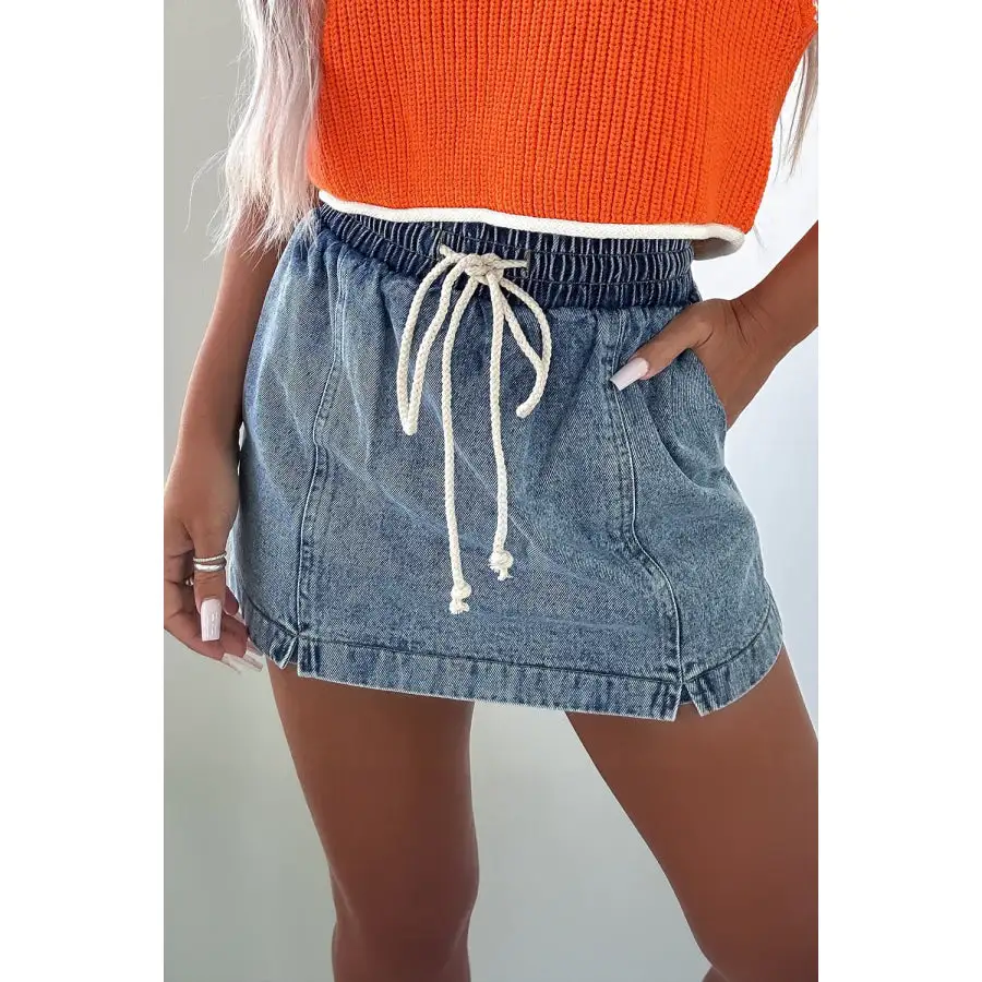 High Waist Drawstring Pocketed Denim Shorts