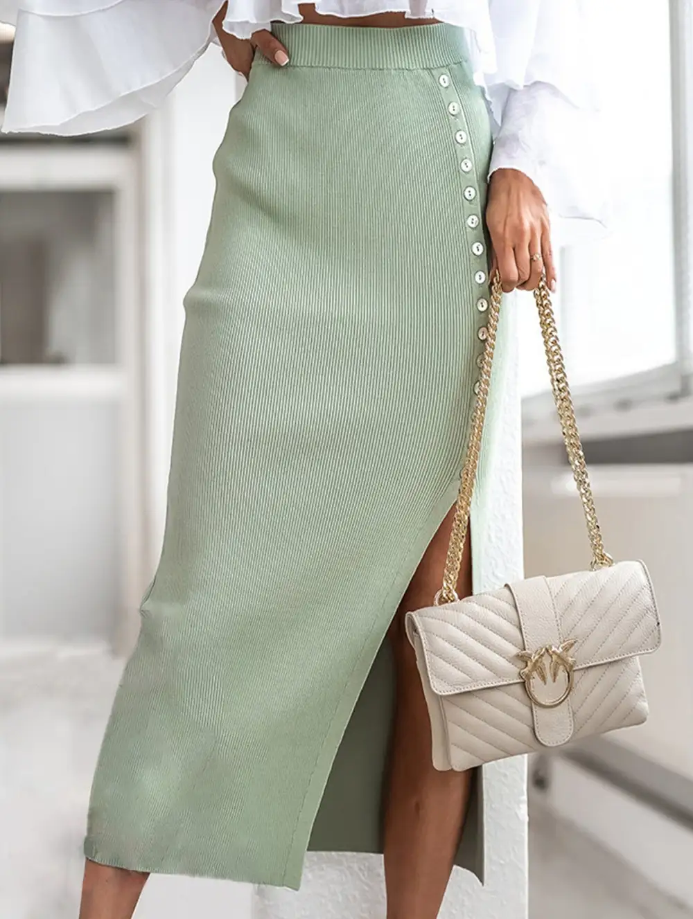 Ribbed Button Front Slit Midi Skirt
