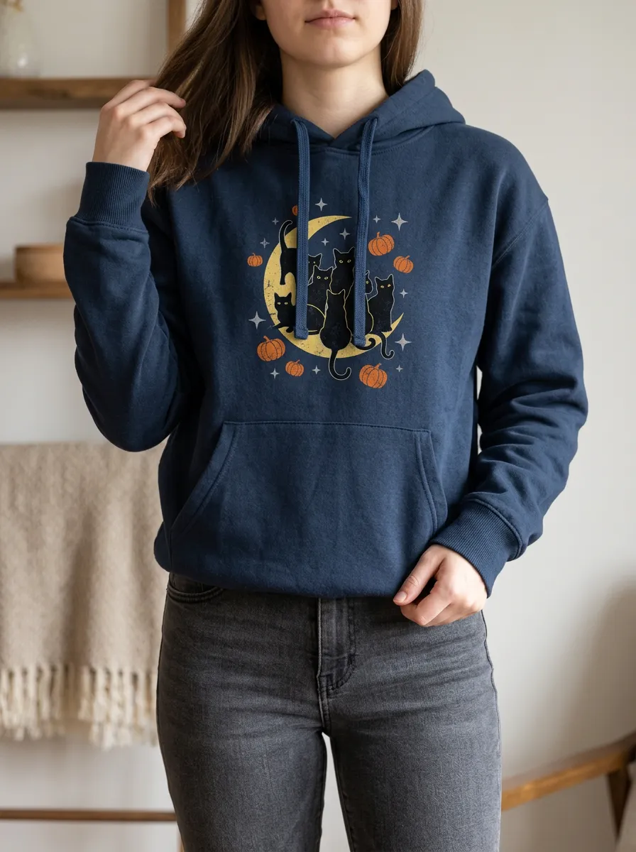 Women's Halloween Cat Moon Pumpkin Printed Hoodie