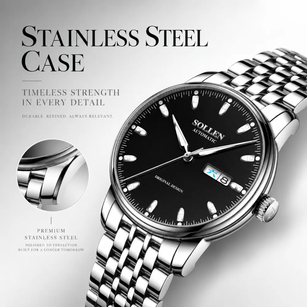 Sollen 9051 Automatic Watch - Men's Full Day Date Sunray Dial 7-Bead Stainless Steel Bracelet Wristwatch