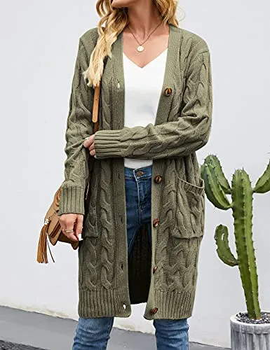 Womens Long Sleeve Cable Knit Long Cardigan Open Front Button Sweater Outerwear