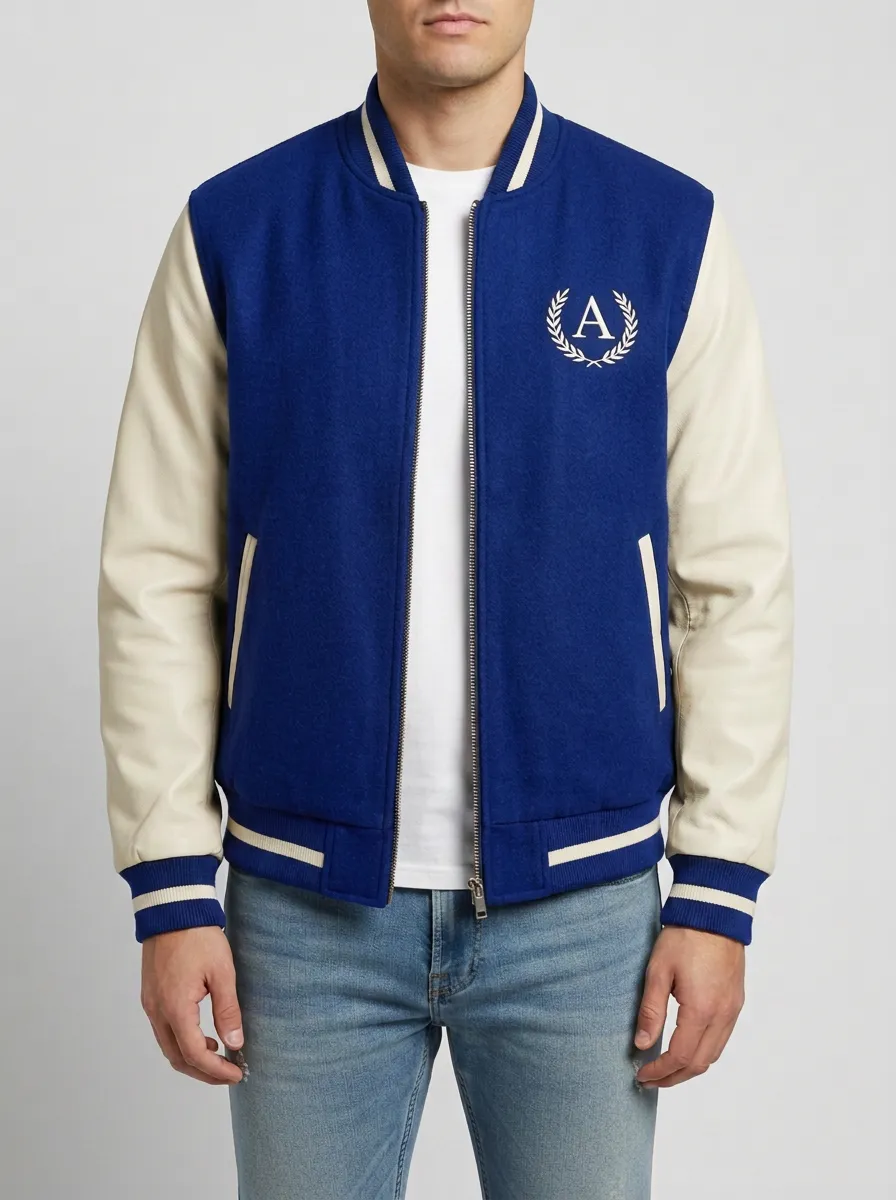 Men's Letter A Laurel Embroidered Wool Baseball Jacket