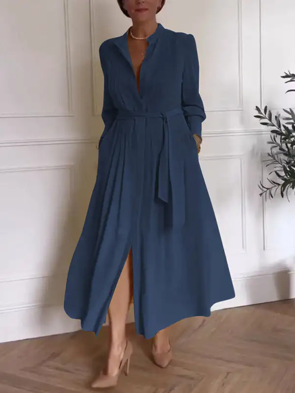 Pleated Buttoned Long Neck Maxi Dress