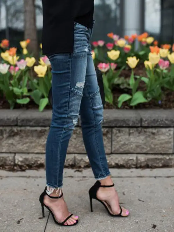 Fitted Pleated Destroyed Stretch Penny Denim Jeans