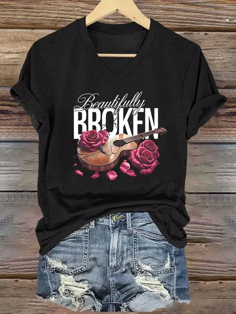 Women's Beautifully Broken Guitar Flower Print Short-Sleeved T-Shirt