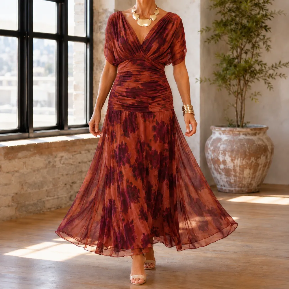 Draped Ruched Flowing Maxi Dress