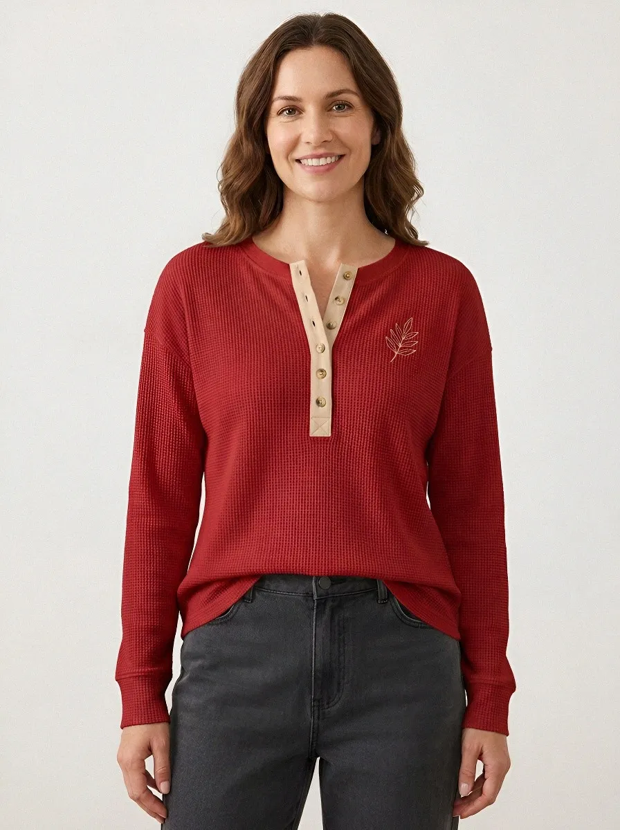 Women's Minimalist Nature Lover Leaf Printed Waffle Henley Shirt