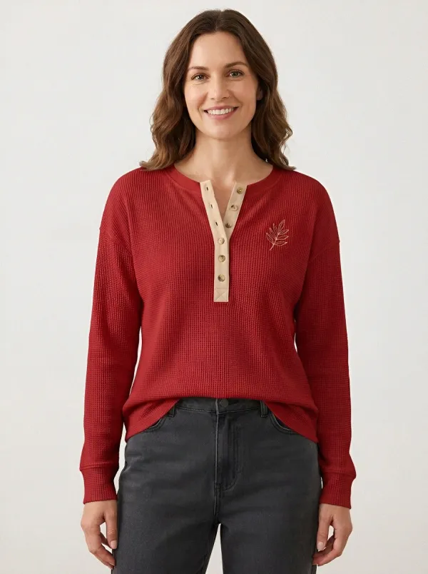 Women's Minimalist Nature Lover Leaf Printed Waffle Henley Shirt