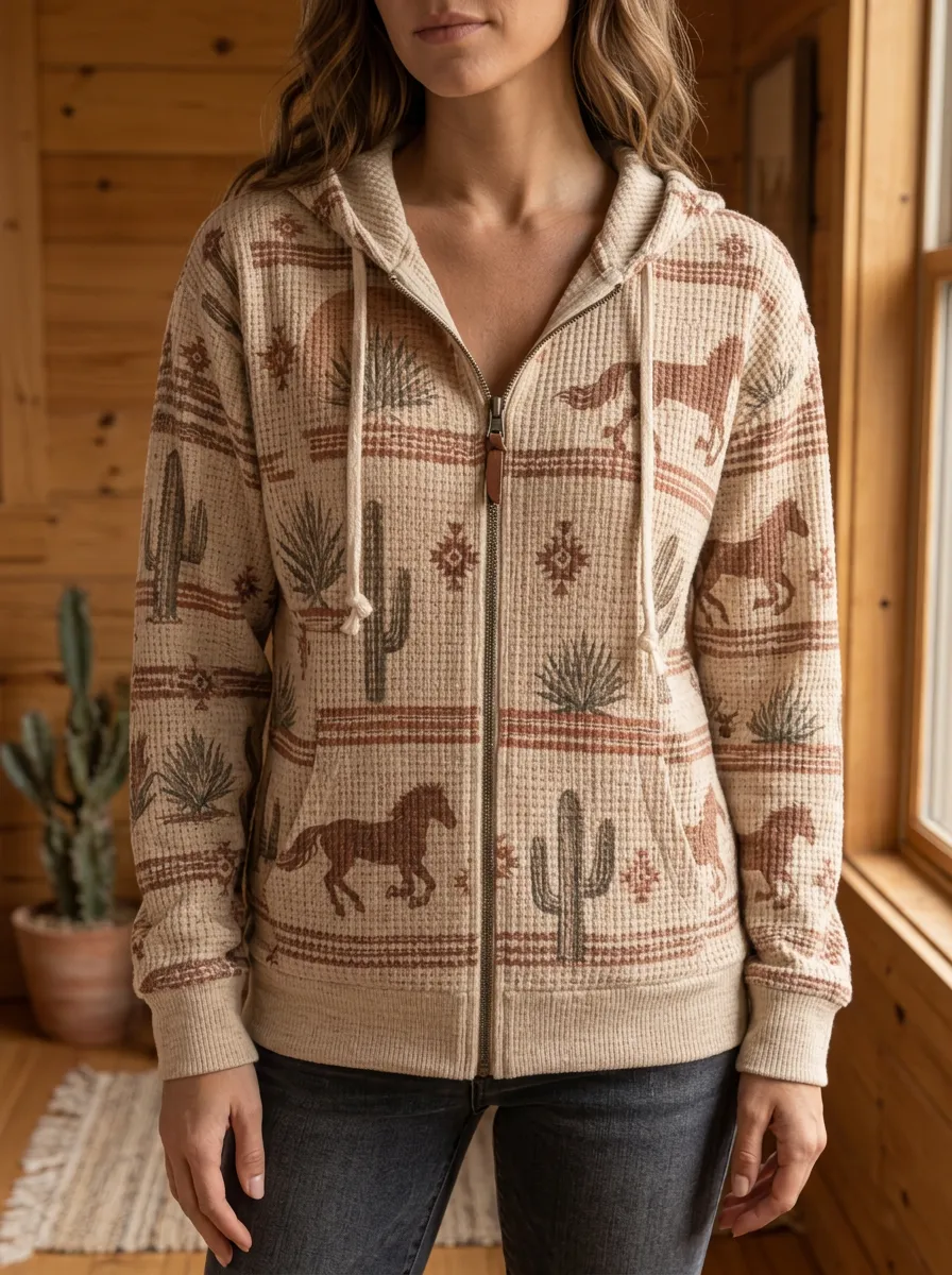 Women's Western Horse Cactus Signature Design Waffle Zip-Up Hoodie