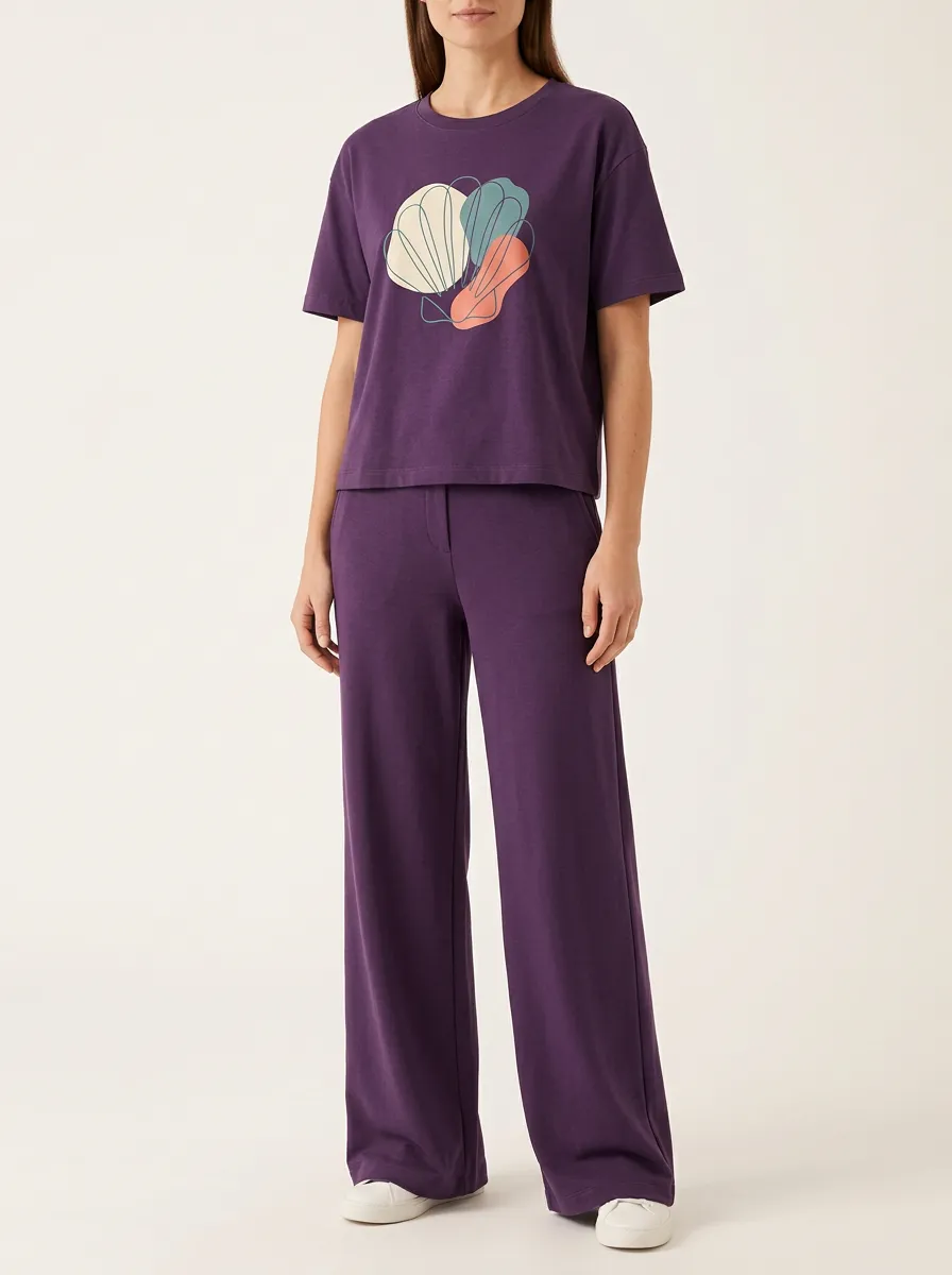 Women's Shell Line-Art Graphic Crewneck T-Shirt and Wide-Leg Pants Set