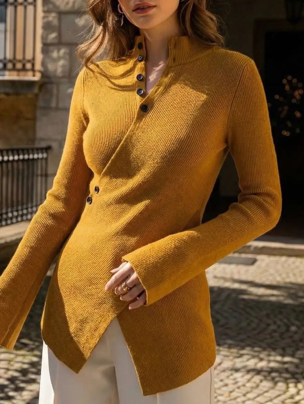 Asymmetric High Neck Knit Top Long Sleeve Tee