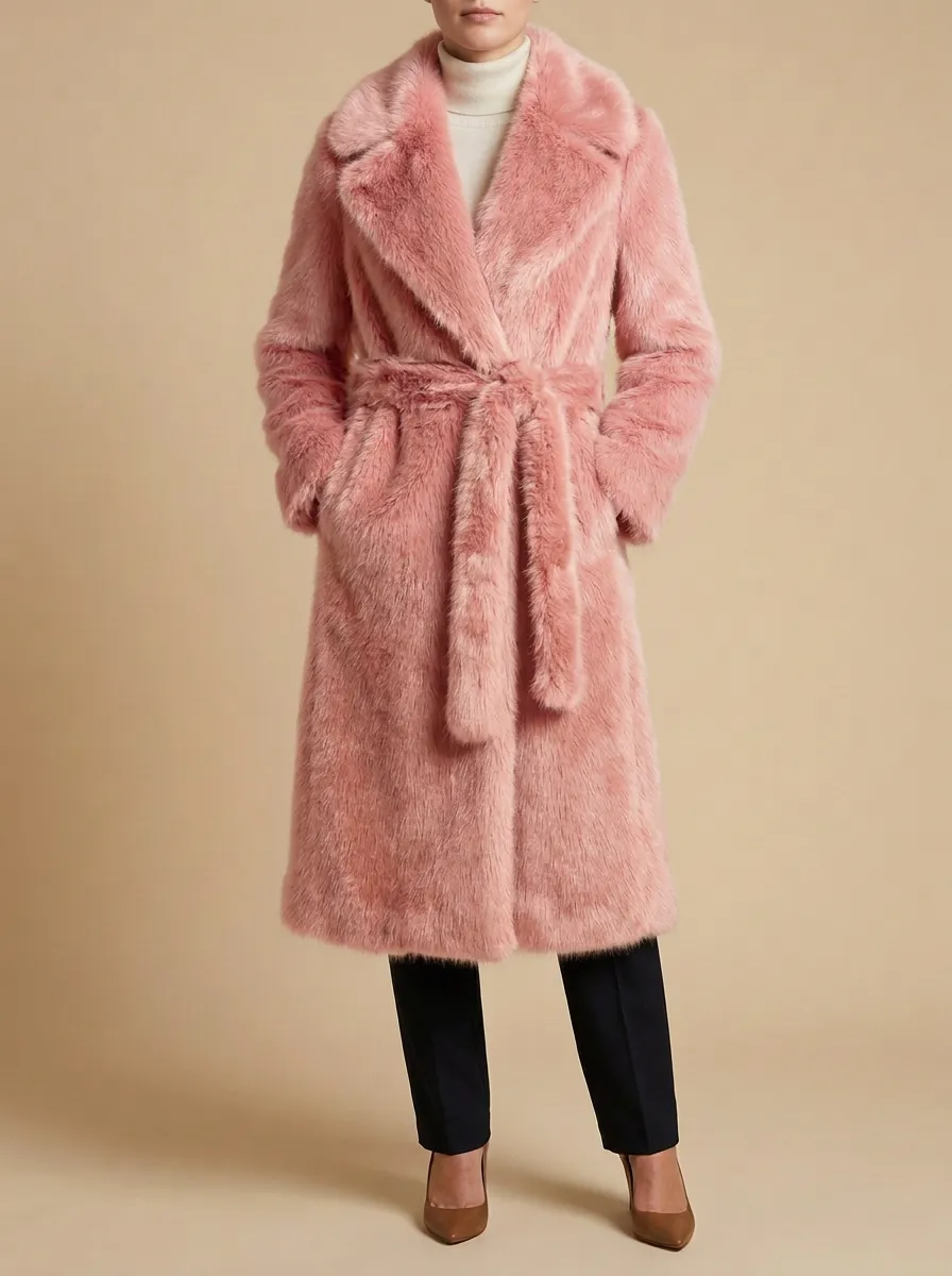 Self Tie Belt Faux Fur Belted Long Coat