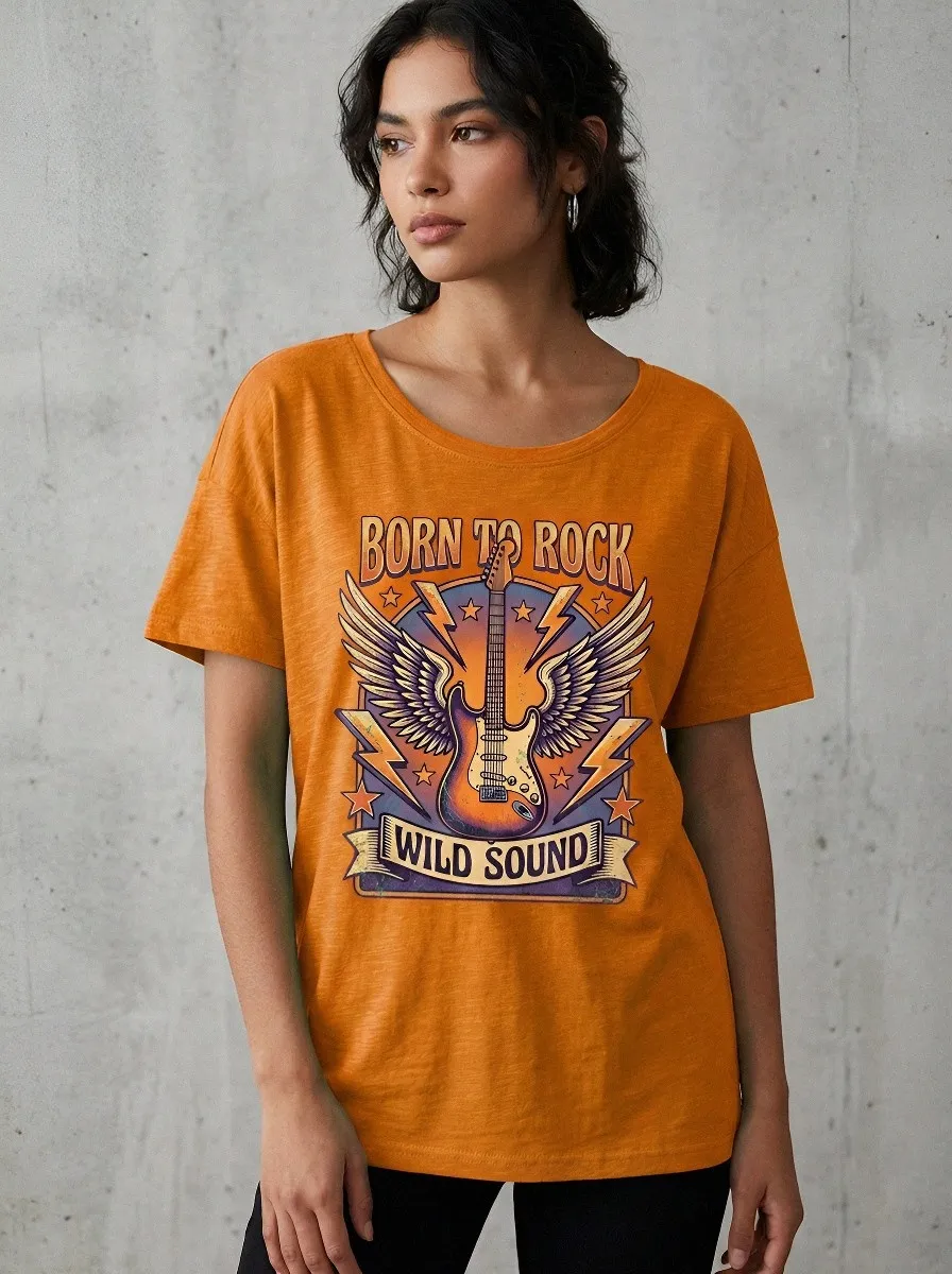 Women's Rock Music Lover Winged Guitar Born To Rock Printed T-shirt