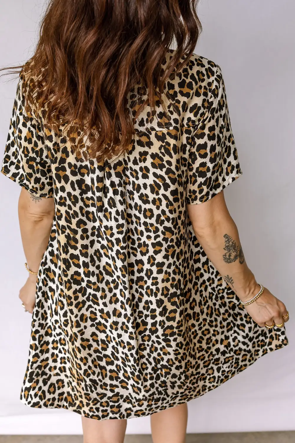 Women's Leopard Print Short Sleeve Loose Fit Half Button Mini Dress