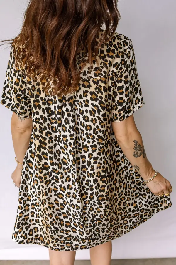 Women's Leopard Print Short Sleeve Loose Fit Half Button Mini Dress