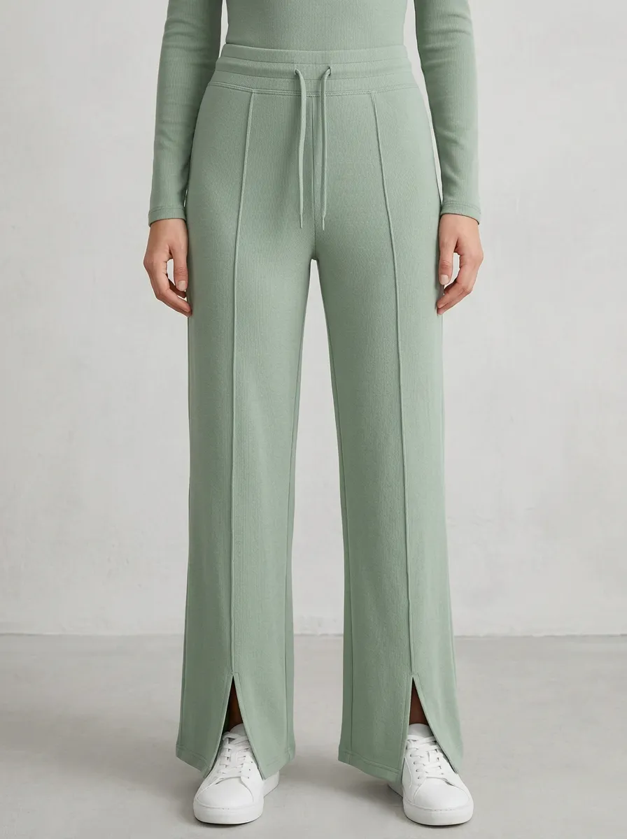 Women's Sporty Sage Green Ribbed Split Hem Printed Athletic Pants
