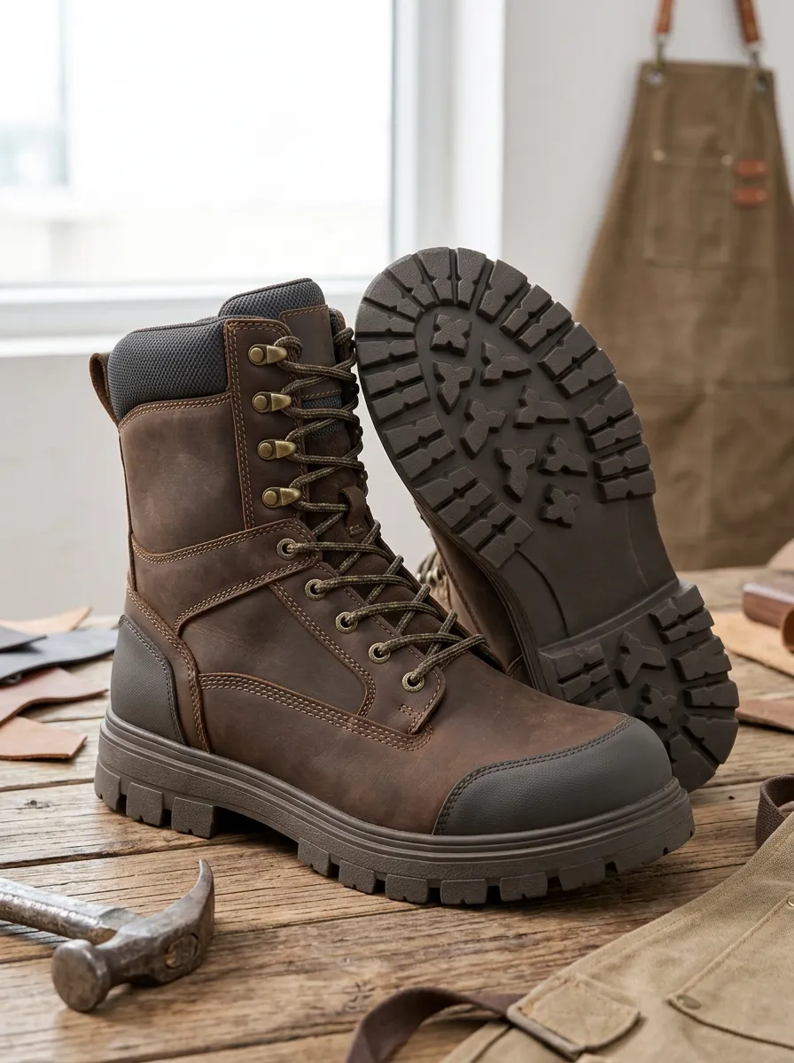Unisex Brown Leather Waterproof Construction Work Boots