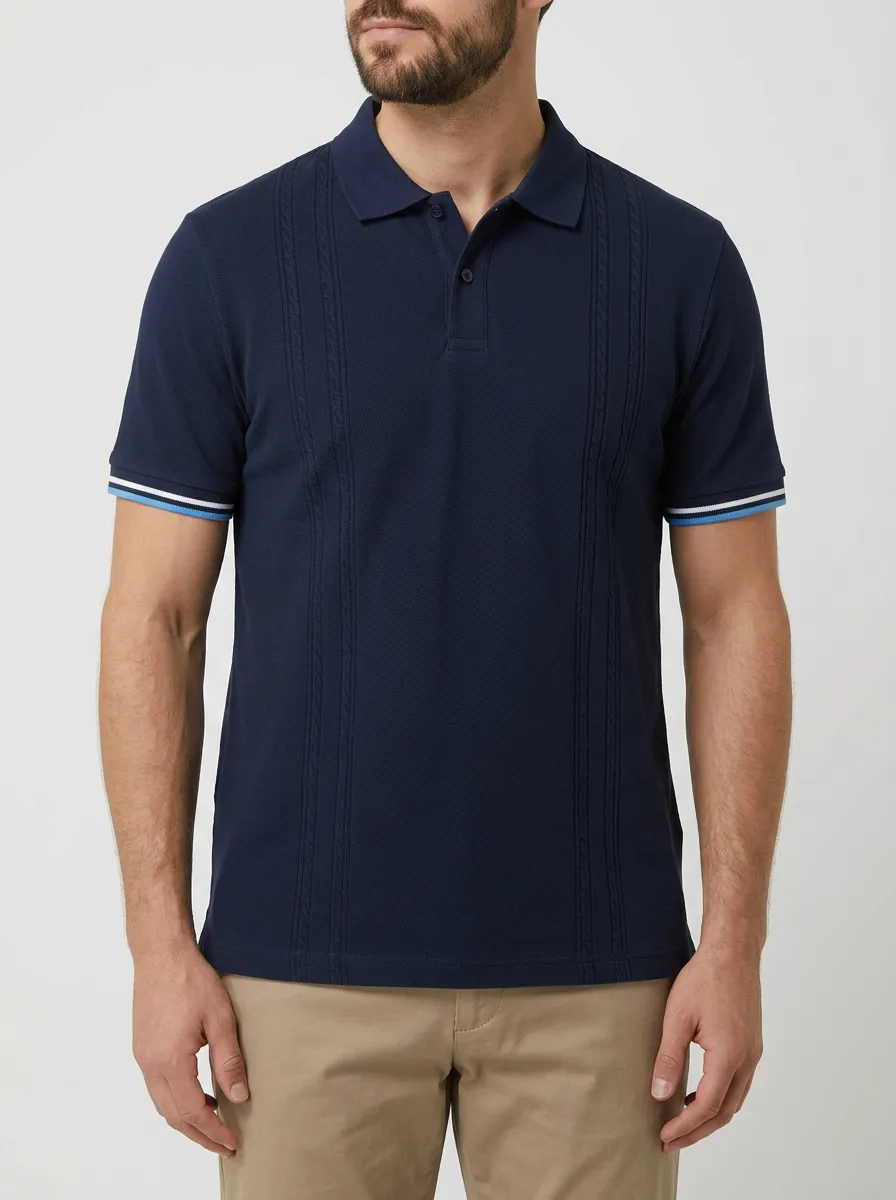 Men's Navy Blue Vertical Cable Knit Striped Cuff Polo Shirt