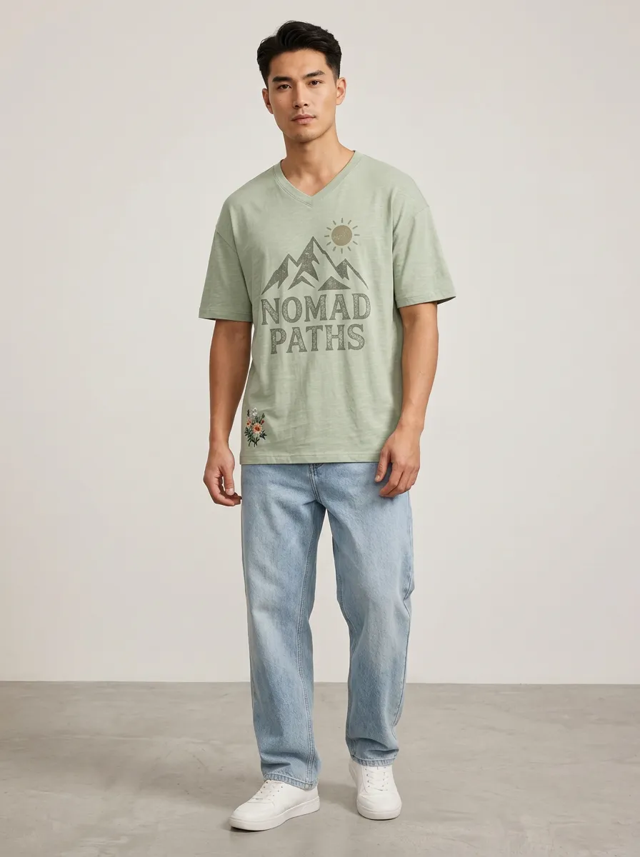 Unisex Nomad Paths Mountain Sun V-Neck T-Shirt