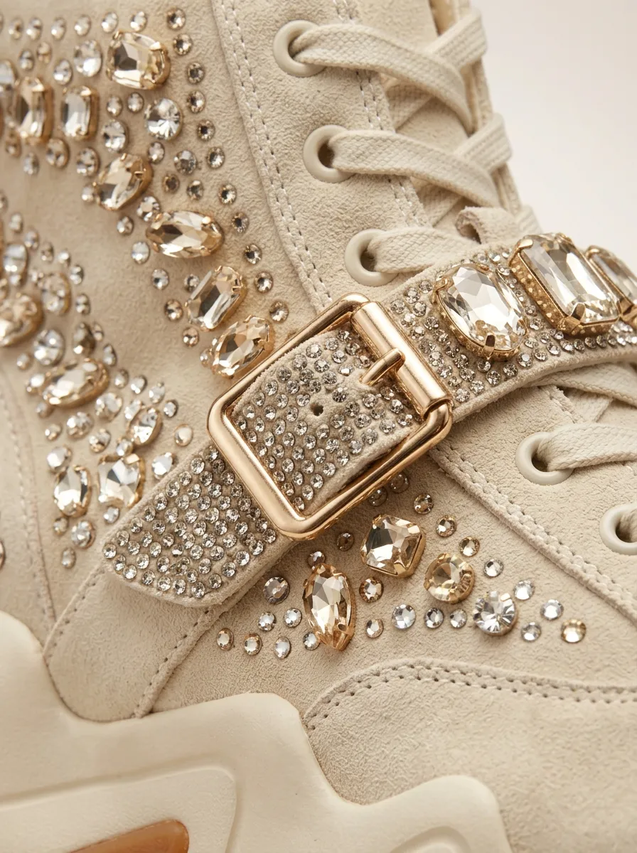 Lace-Detail Buckle-Strap High-Top Women's Rhinestone Platform Shoes