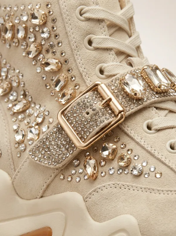 Lace-Detail Buckle-Strap High-Top Women's Rhinestone Platform Shoes