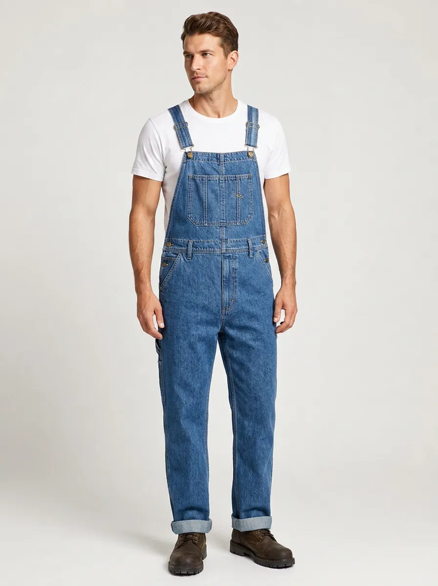 Men's Casual Vintage Denim Bib Overalls in Blue