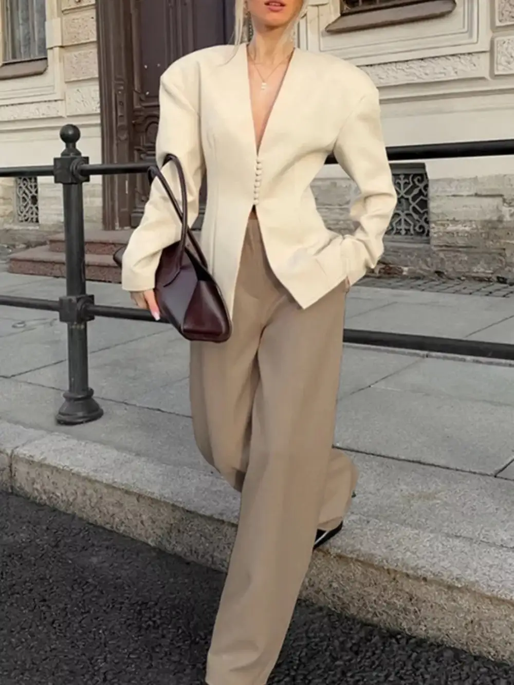 Button-Up V-Neck Structured-Shoulder Blazer