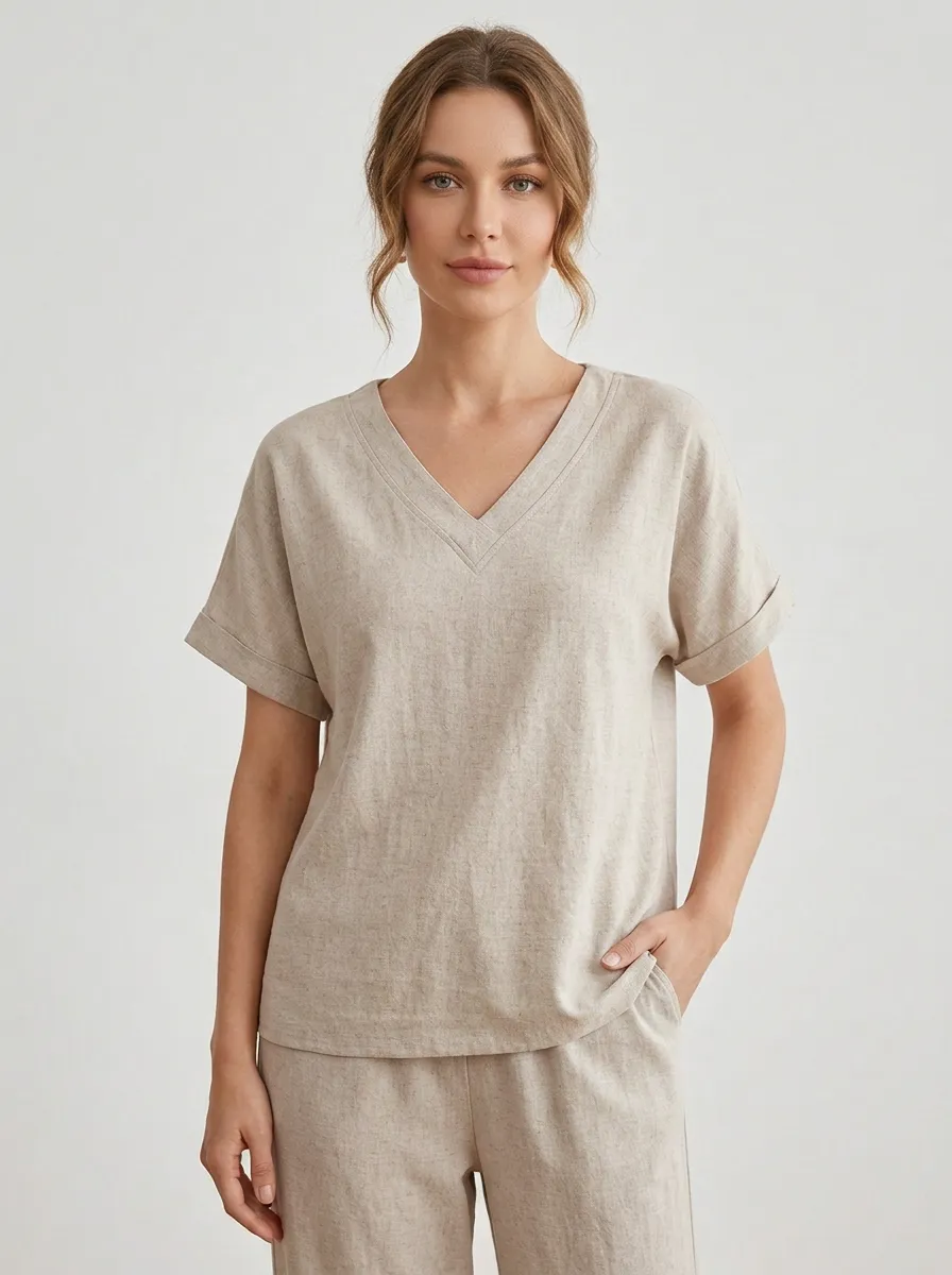 Refined Short-Sleeve Linen-Blend Women's V-Neck Casual Lounge Set