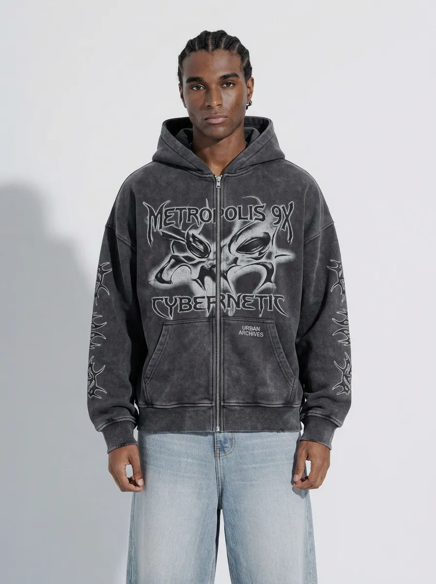 Men's Streetwear Cybernetic Metropolis Graphic Printed Zip-up Hoodie