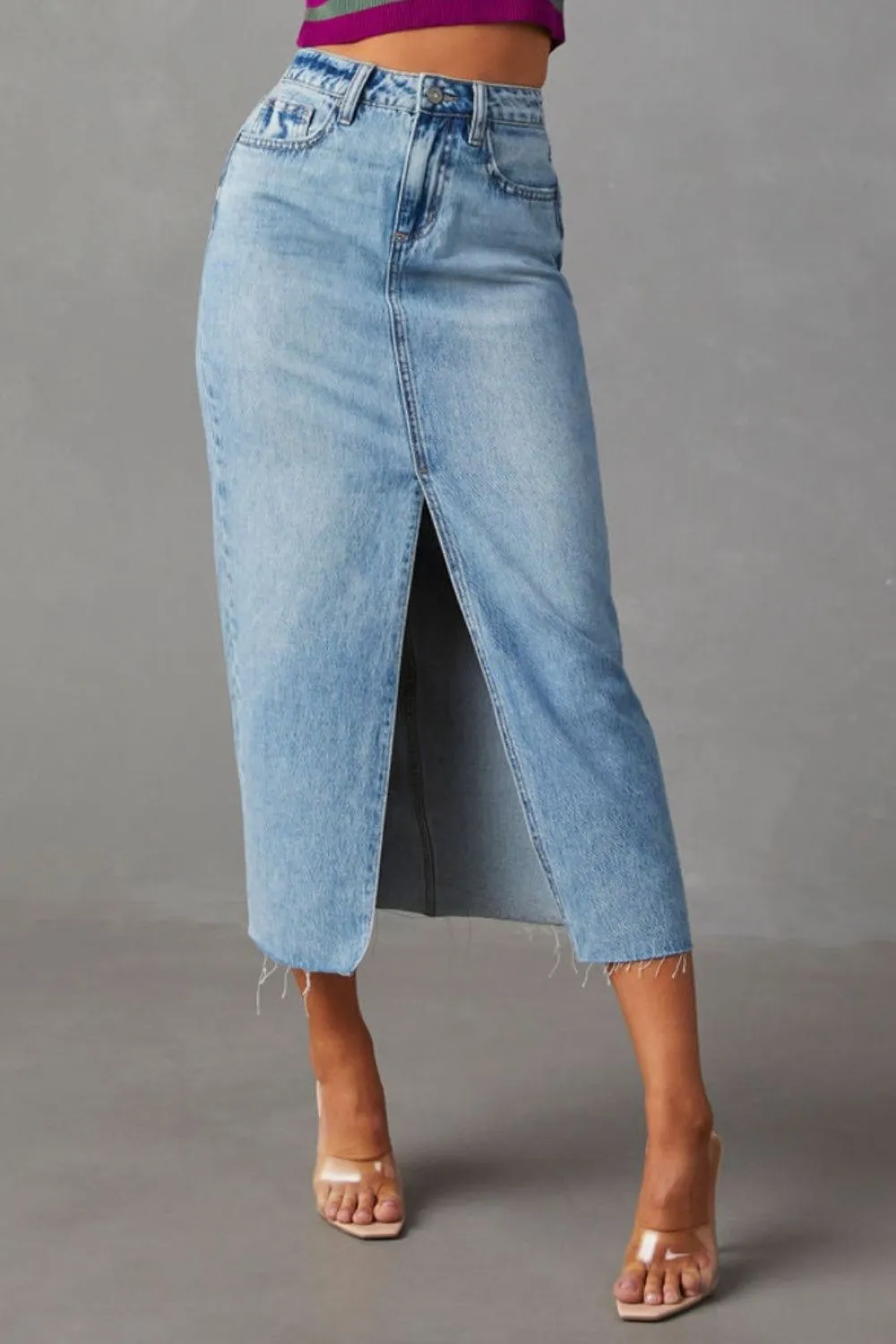 Gentle Button Front Denim Detail Skirt