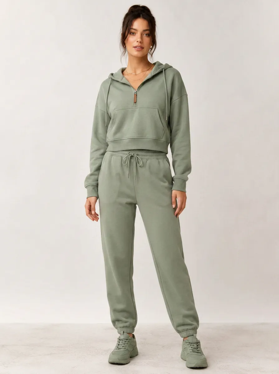 Women's Sage Green Quarter-Zip Hoodie and Jogger Set