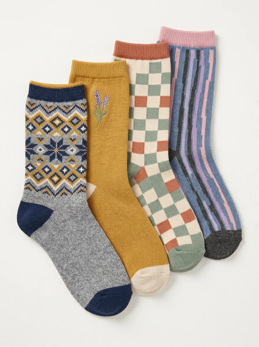 Vintage Inspired Geometric Floral Vintage Four-Pair Casual Socks