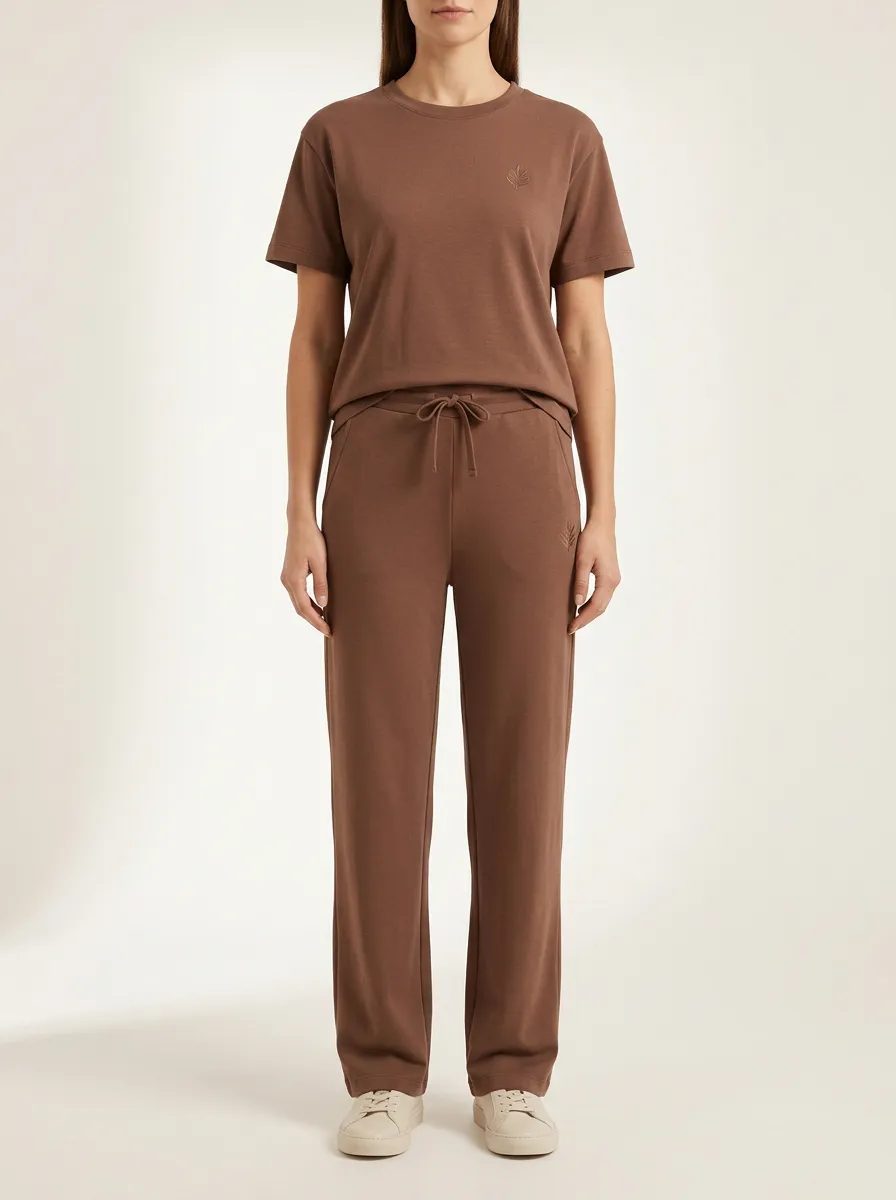 Women's Botanical Leaf Embroidered Crewneck T-Shirt and Straight-Leg Pants Set