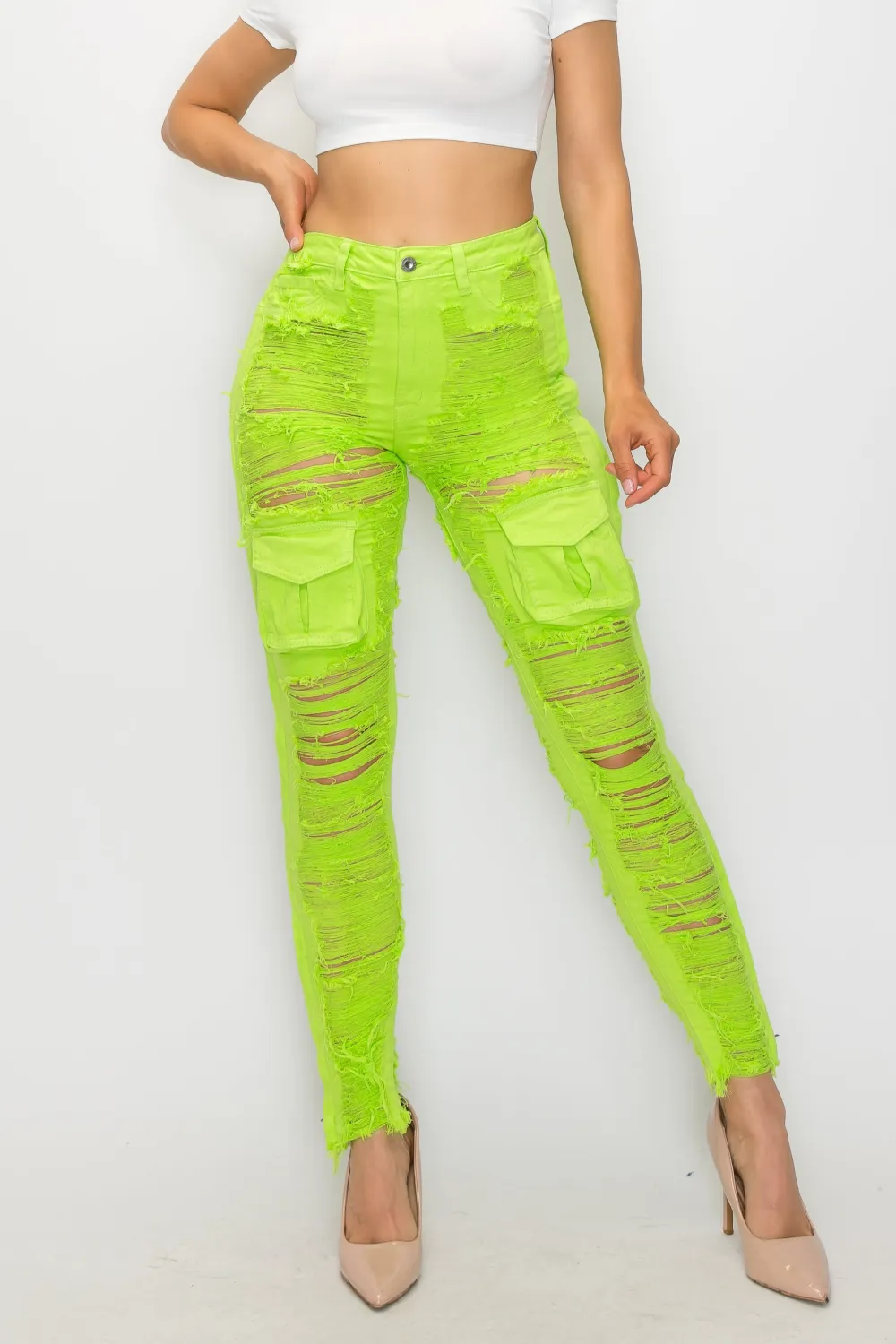High-Rise Cargo-Pocket Skinny Cargo Jeans