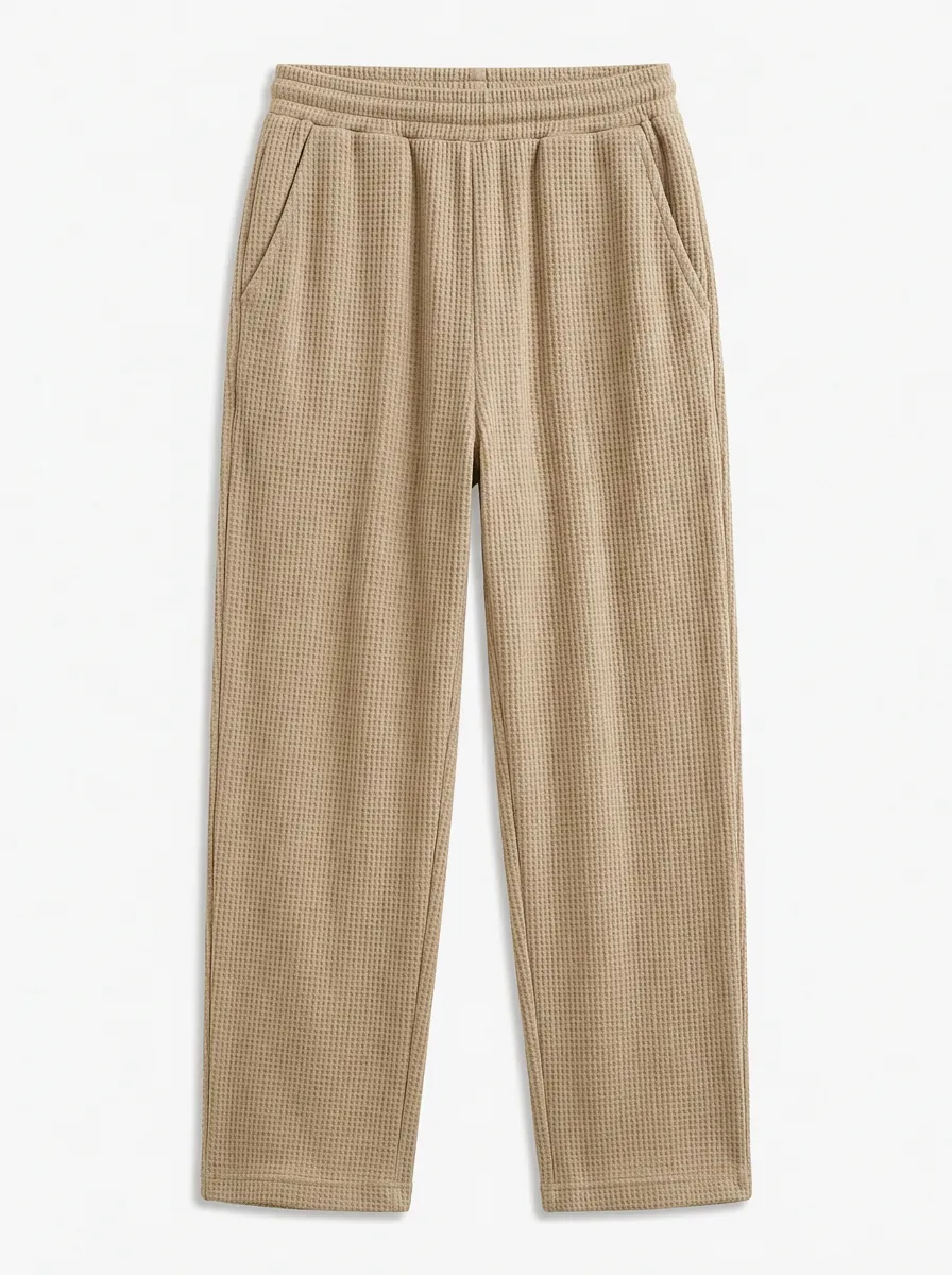 Unisex Casual Khaki Waffle Knit Elastic Waist Jogger Pants