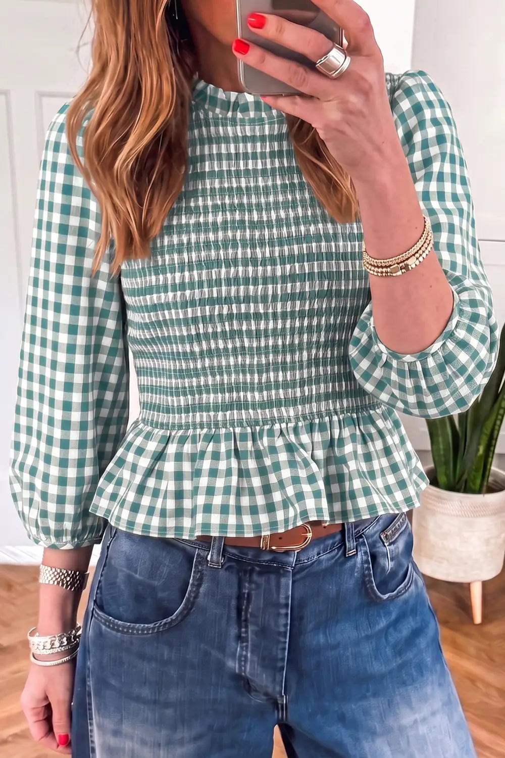 Women's Plaid Three Quarter Sleeve Peplum Top
