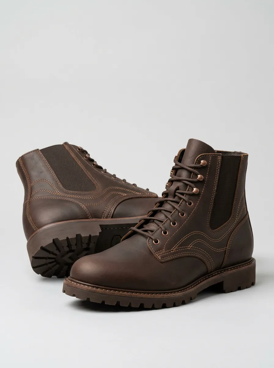 Unisex Leather Stitch Detail Lace-Up Work Boots