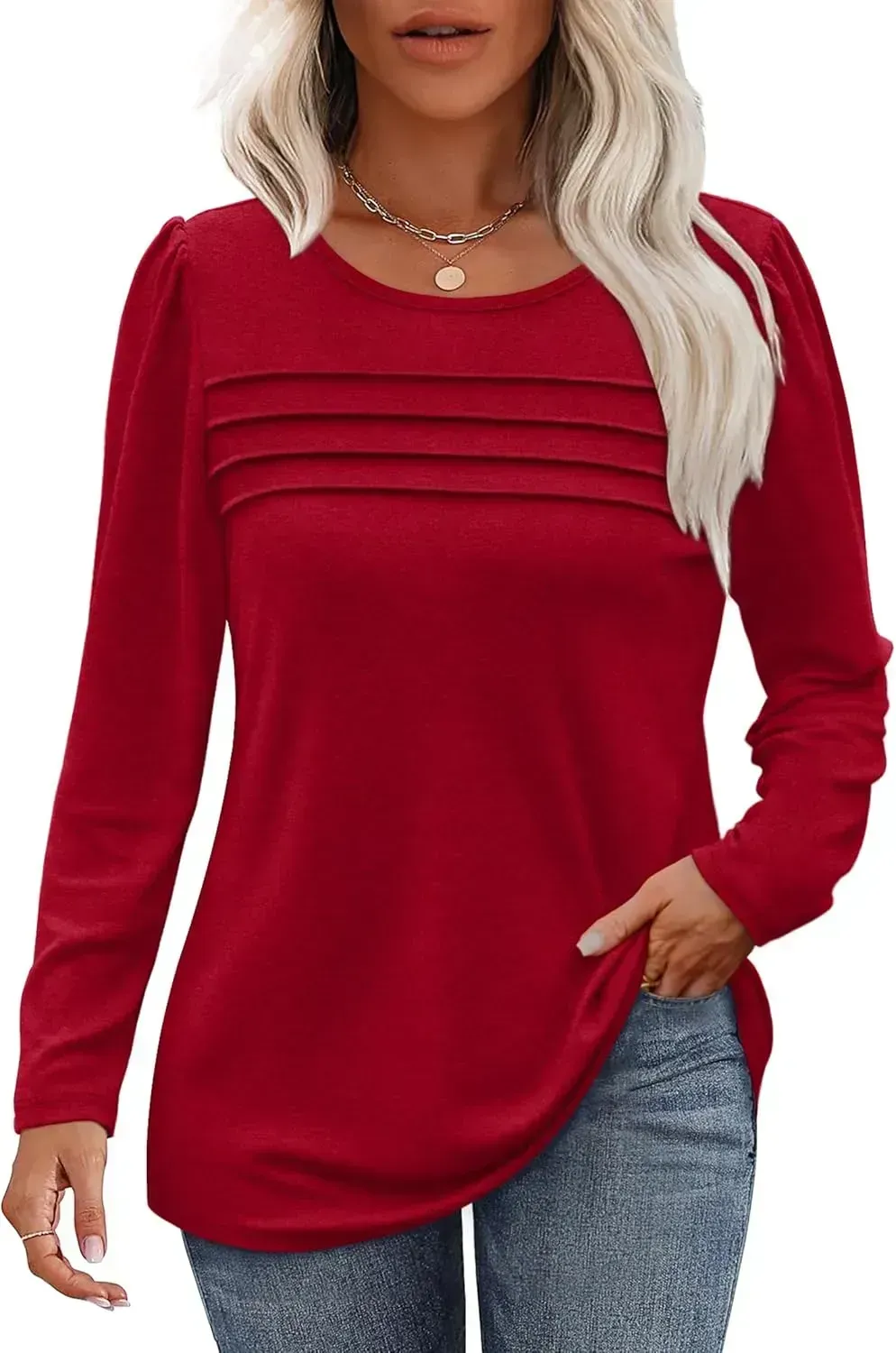 OFEEFAN Long Sleeve Shirts for Women Fall Fashion 2024 Dressy Casual Blouses Trendy Pleated Tunic Tops for Leggings