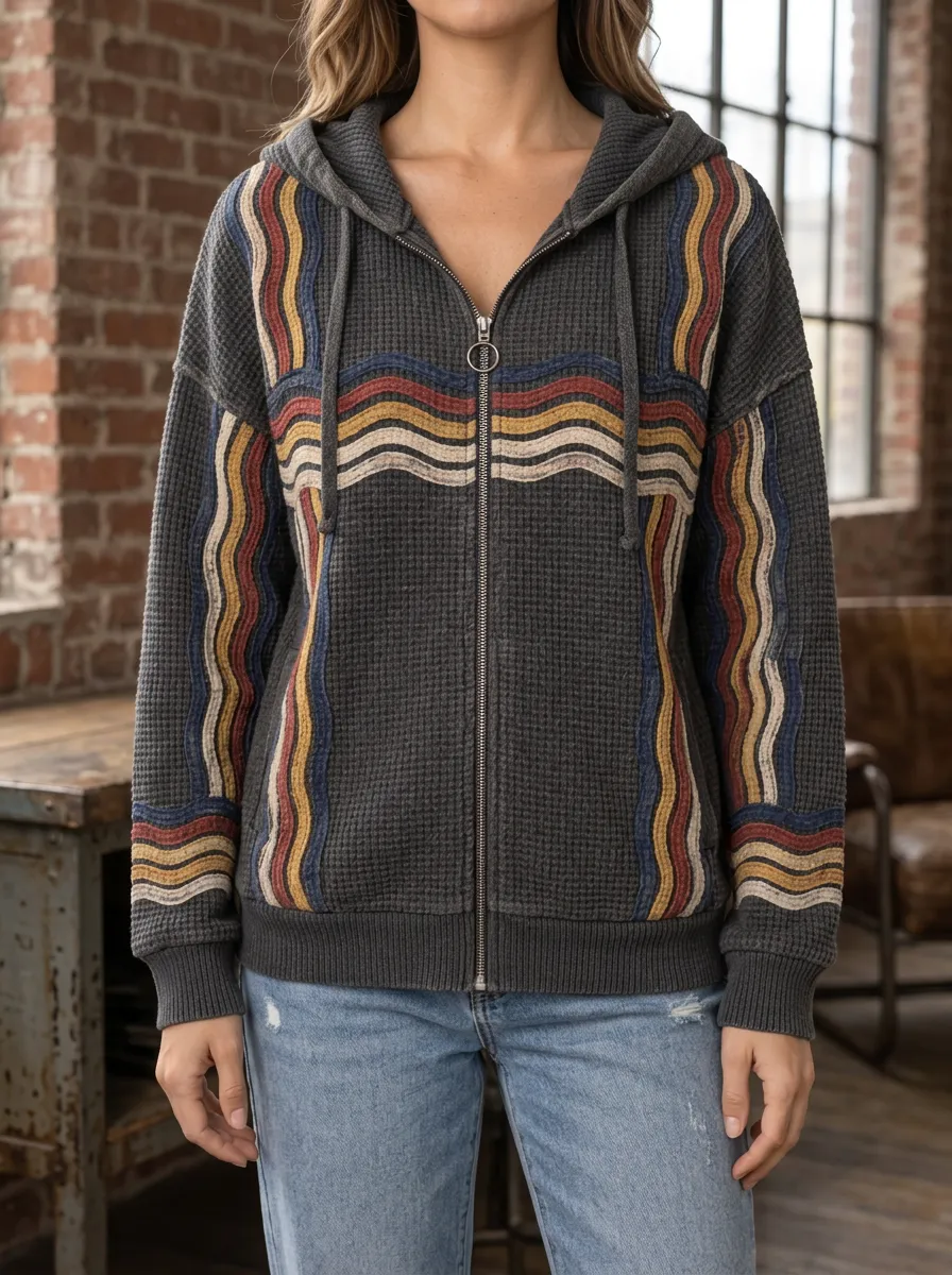 Women's Retro Wavy Stripe Pattern Signature Pattern Waffle Zip-Up Hoodie