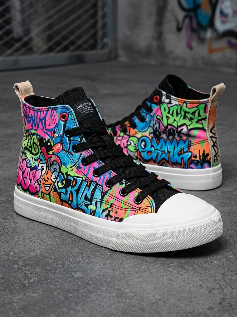 Relaxed Streetwear Graffiti Art Colorful Printed Canvas Shoes