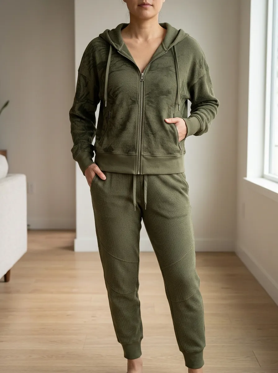 Women's Floral Waffle Texture Ribbed Zip Hoodie Jogger Set