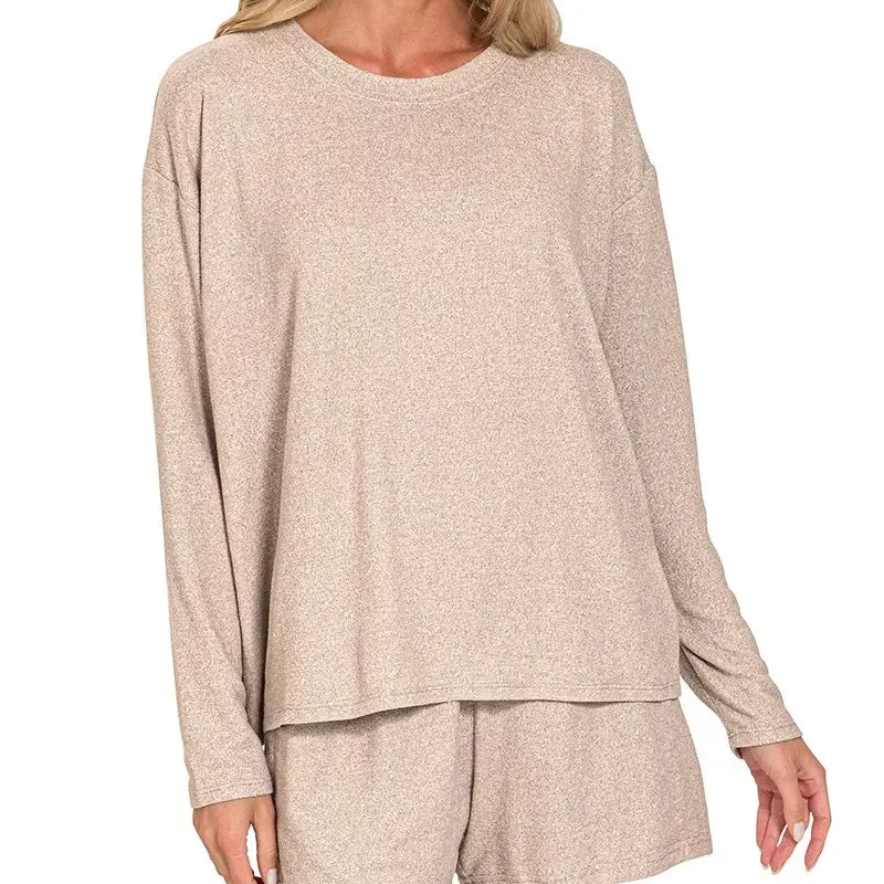 Textured Soft Melange Long Sleeve Tee and Shorts Set