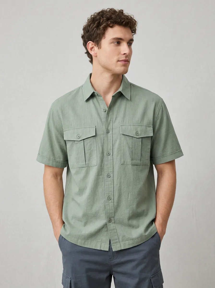 Men's Casual Summer Breathable Sage Green Utility Pocket Shirt