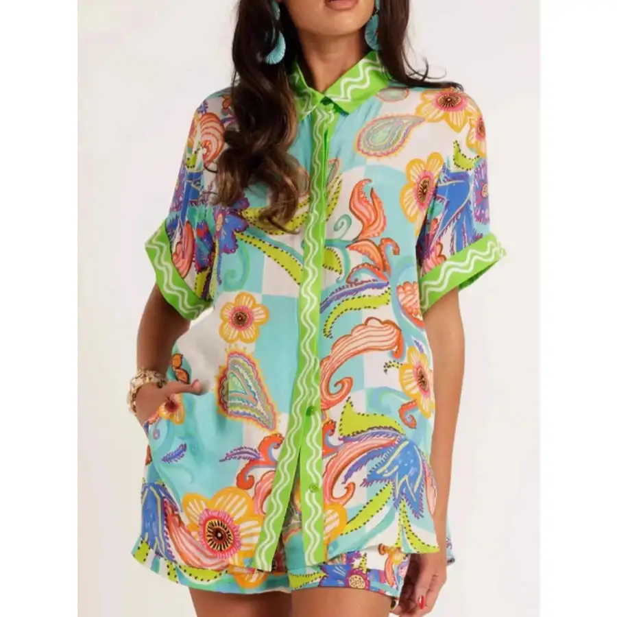 Lightweight Printed Button Up Shirt and Shorts Set