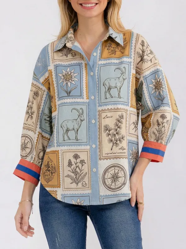 Women's Vintage Alpine Nature Stamp Printed Button-up Shirt