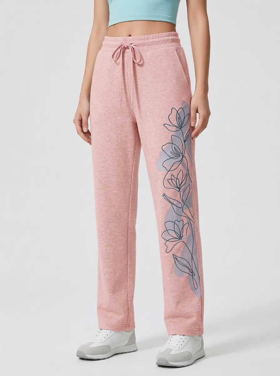 Women's Grey Floral Print Straight-Leg Sweatpants