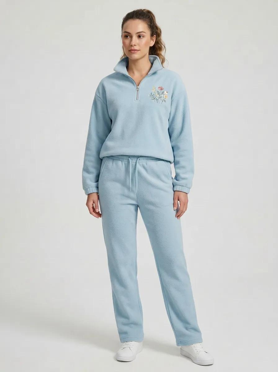 Women's Floral Embroidered Quarter-Zip Fleece Set