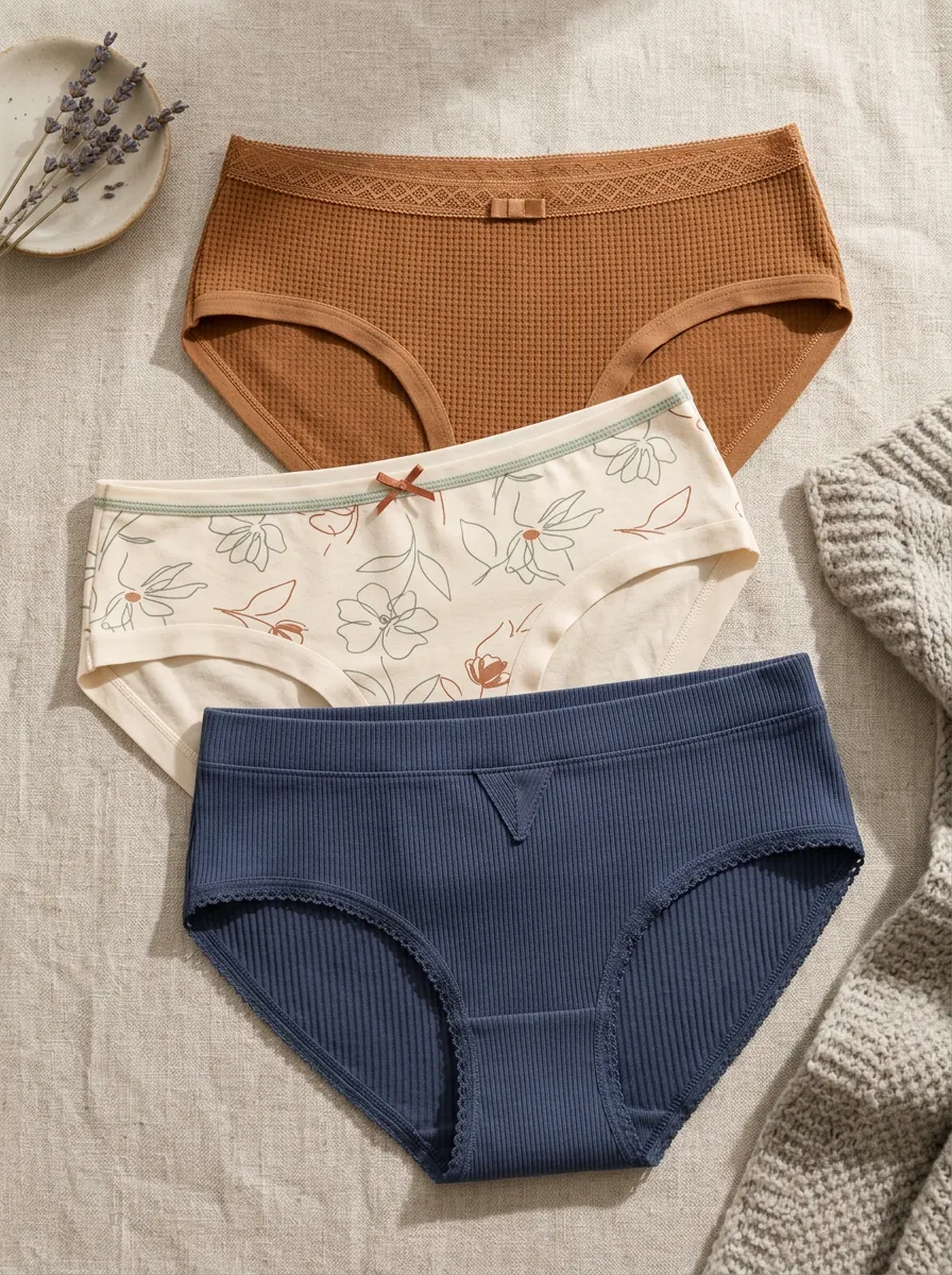 Women's Floral Pattern Waffle Ribbed Cotton Printed Panties Set