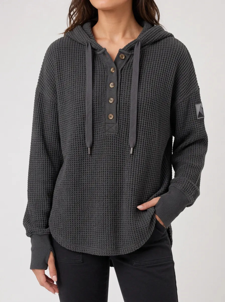 Women's Charcoal Waffle Knit Button Up Hooded Top