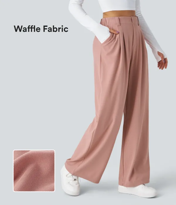2026🔥  High Waisted Plicated Side Pocket Wide Leg Waffle Work Pants